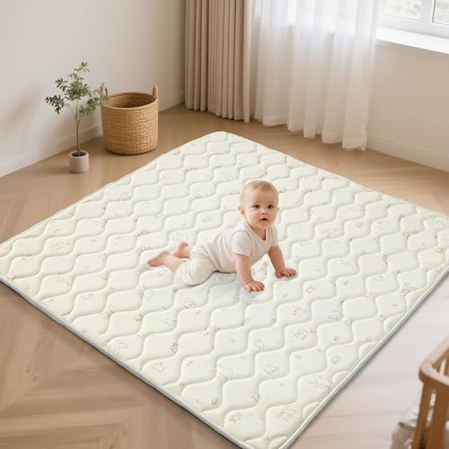 Fortella Alfombra Bebe Acolchada Plegable 120×120cm Lavable, Tapete Bebé de Espuma Actividades Infantil, Manta Juegos Bebés para Parque y Suelo Antideslizante, Gateo y Tummy Time Ideal (Beige Bosque)