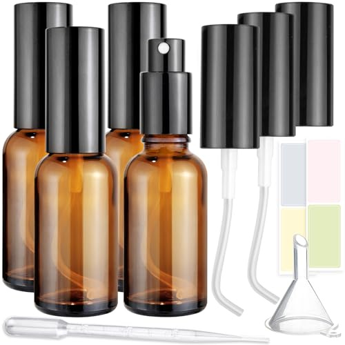 Showvigor 4-Pack 30ml/1oz Amber Glass Spray Bottles for Fine Mist | with 2 Extra Nozzles, Refillable Essential Oil & Toner Set, Eco-Friendly Home & Skincare Solutions