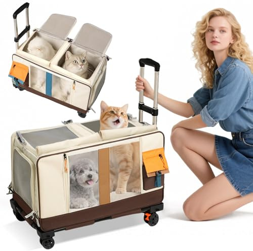 PETCUTE Trasportino Doppio Scomparto per 2 Gatti con Ruote,Trasportino per 2 Gatto,Pieghevole Trolley per 2 Gatti con Tappetino Rimovibile,Ideale per Viaggi,Veterinario & Campeggio,Marrone