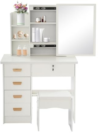 HUOMMGS Sminkbord med stol fristående sminkbord moderna sminkbord 80 × 35 × 128 cm toalettbord med 5 lådor, spegel, 2 nycklar upp till 100 kg frisörbord för hem (vit)