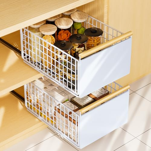 Lureon 2 Stück Teleskopschublade, Ausziehbare Schublade KüChe,KüChenschrank Organizer für KüChenschräNke, Schubladen Organizer,Kein Bohren und Nageln Erforderlich KüChenschublade