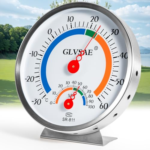 GLVSAE Analoges Thermo-Hygrometer Edelstahl – 2-in-1 Thermometer & Luftfeuchtigkeitsmesser mit Komfortzonen, Ø12,7cm – Für Innen/Außen, Terrarium, Gewächshaus, Weinkeller & Wohnraum