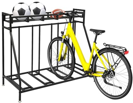 JUDEMII Support de vélo au sol, pour vélo de montagne, support de vélo à domicile avec 4 emplacements de garage, 4 crochets amovibles, panier extra large et repose-pieds, gain de place robuste, charge