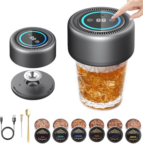 Electric Whiskey Smoker Kit & Cocktail Smoker Kit – Flameless with LED Breathing Light & Countdown, Type-C Rechargeable (170+ Ignitions), 6 Wood Chips for Home Bar & Outdoor