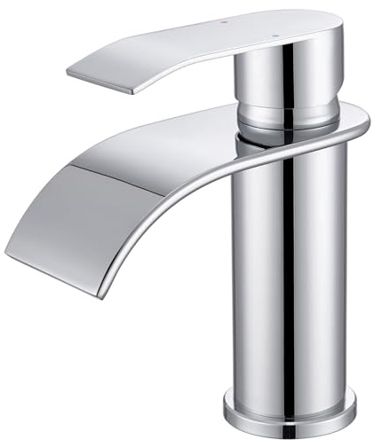 CECIPA Waterfall Spout Bathroom Sink Mixer Tap, Single Lever Handle Basin Mixer Tap, Polished Chrome, Drip-Resistant, Ceramic Cartridge, Stainless Steel Modern Cloakroom Faucet with G1/2'' Hoses