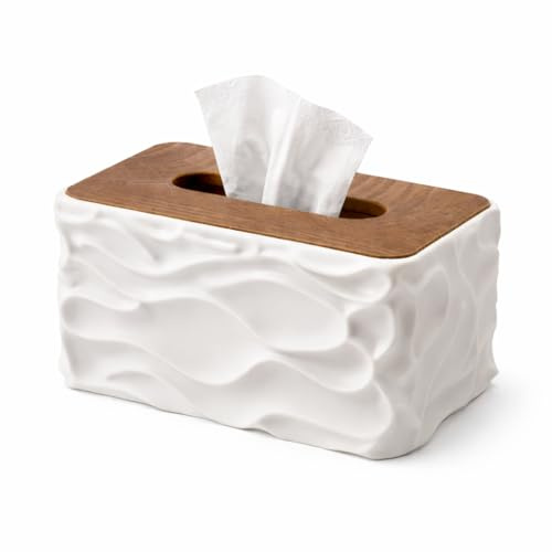Boîte à Mouchoirs Design Ondulé 3D avec Couvercle en Bois – Distributeur Mouchoirs Rectangulaire en PP Premium – Décoration Salon, Table Basse, Bureau – 21 x 14 x 10 cm Blanc