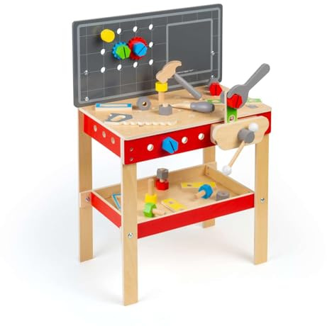Bigjigs Toys Banco de trabajo para trabajadores, banco de herramientas de madera de 34 piezas, herramientas de juego de rol de construcción para niños pequeños y niños, juguete de banco de trabajo