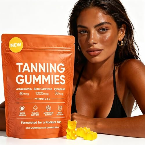 Gominolas Bronceadoras, Acelerador Bronceado Sin Sol, Beta-Caroteno + Astaxantina + l-Ycopeno, Mejora El Tono Natural De La Piel 60 Gummies Veganas