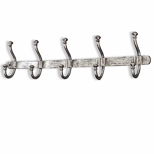 Loberon Hakenleiste Pincé, mit fünf Haken, Nostalgischer Charme, Einzigartige Oberflächenstruktur, Klassisches Design, Hakenboard, Garderobe, Aluminium, antiksilber