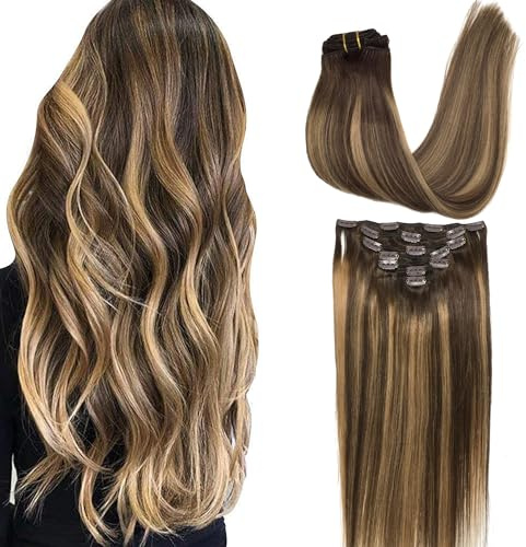 GOO GOO Clip in Hair Extensions Real Human Hair, Remy Human Hair Extensions Clip ins for Women, Natural Human Hair, 16inch 120g 7Pcs, 4/27/4 Balayage Chocolate Brown to Caramel Blonde
