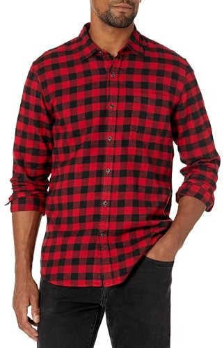 Amazon Essentials Herren Schmal Geschnittenes, Langärmliges Flanellhemd Mit Knopfleiste, Kariert, Schwarz Rot Buffalokaros, M