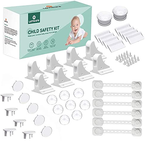 LATTCURE Baby Proofing Set 36 PCS, 8 Magnetic Cupboard Locks with 2 Keys, 8 Corner Protectors, 8 Child Safety Straps, 10 UK Socket Covers Type G, Complete Child Safety Kit for Cabinets & Drawers