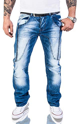 Rock Creek Herren Designer Jeans Hose Dicke Nähte Vintage Herrenjeans Stonewashed Comfort Fit Used Look gerades Bein RC-2011 Blau W31 L30