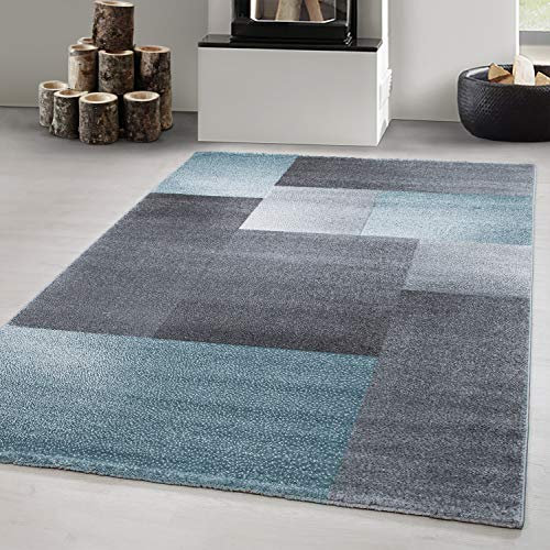 Carpetsale24 Kurzflor Teppich 200x290 cm Kariert Blau-Grau, Stilvolle Bodenlösung mit Muster, Pflegeleichtes Einrichtungselement für Wohn- oder Esszimmer