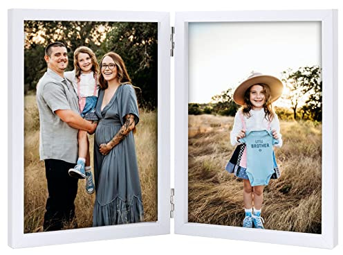 Double Photo Frame 4x6 Hinged Folding Wood Picture Frame with Glass Front Stand Vertical on Desktop White