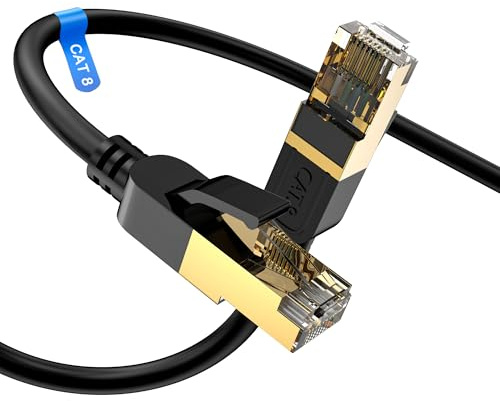 Câble Ethernet Cat 8 2m, haut débit, robuste 26 AWG Cat8, 40 Gbit/s, 2 000 MHz avec connecteur RJ45 plaqué or, câble Internet extérieur et intérieur, compatible avec routeur, modem de jeu, Xbox