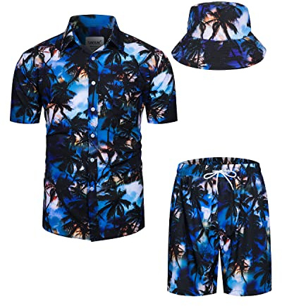 TUNEVUSE Ensemble de chemises et shorts hawaïens pour homme 2 pièces Tenues de plage avec imprimé floral été Costume tropical avec chapeaux à bords larges, Taille S