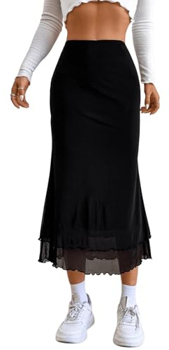 Verdusa Women's High Waisted Mesh Skirt Y2k Outfits Fishtail Bodycon Long Skirts Goth Clothes Black Large