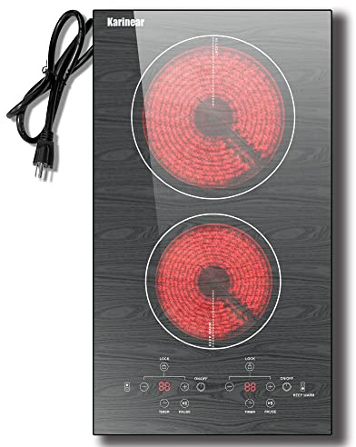 Karinear Portable Electric Cooktop 2 Burners, 110v Plug in Electric Stove Top, Countertop Use or Built-in Install, 12'' Ceramic Cooktop with Beautiful Wooden Pattern