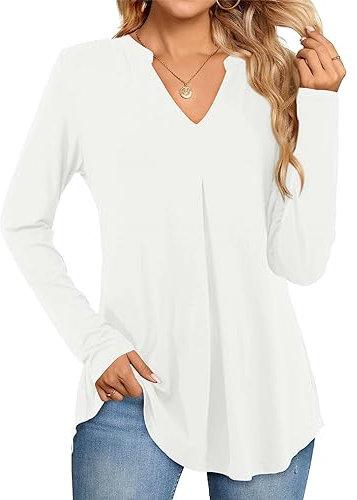 Beluring Oberteil Damen Elegant Langarm Longbluse Winter V-Ausschnitt Basic T-Shirts Weiß M