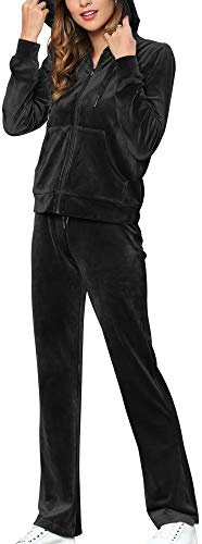 MessBebe Träningsoveraller för kvinnor Sammet Sportdräkt med Huva Sweatshirt Sport Gymnastik Set Casual Jogging Sport Träningsoverall 2 Stycken Gymnastik Overall Långärmad, Svart-A, L