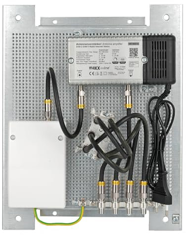 maxx.onLine Antennenverstärker Kabelfernsehen für 4 Teilnehmer vormontiert auf Lochblech Montageplatte mit 33 dB Verstärkung & Rückkanal, Kabel Verteiler, Überspannungsschutz, F Quick-Verbindungskabel