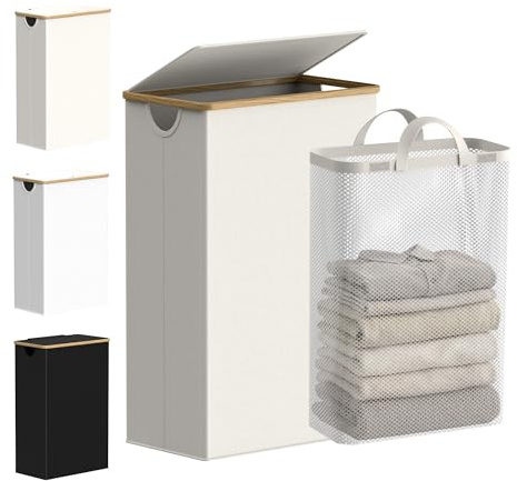 efluky Slim Laundry Basket with Lid, Narrow Laundry Hamper with Removable Bag, Skinny Dirty Clothes Basket with Bamboo Handles for Bathroom, Bedroom & Laundry Room, 75L Beige