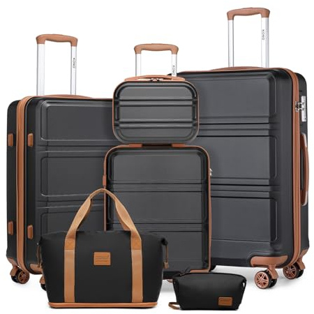 KONO Set di 6 Pezzi Valigie da Viaggio (55/65/74cm) e Beauty Case Rigide Valigia in ABS Trolley con 4 Ruote & TSA lucchetto + Borsone da Viaggio Espandibile Palestra + Borsa da Toilette, Nero/Marrone
