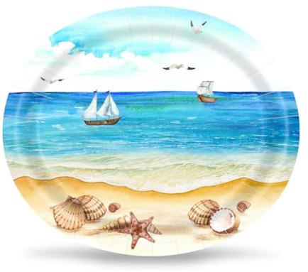 Aysimple 50 Count Nautical Beach Oval Paper Plates Platter 10 x 12 Disposable Sea Shells Ocean Serving Dish for Spa Party Baby Shower Summer Holiday Party Tableware Supplies Decor