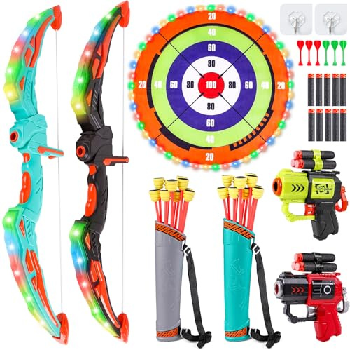 Verdantree Set di Arco e Frecce per Bambini, Set di tiro con Arco a LED con Grande Bersaglio per Bambini. Include 10 frecce adesive, faretra, 10 proiettili in Velcro, 6 Freccette, ECC.