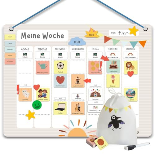 Rabano Art Wochenplaner für Kinder - [200 Magnete - ABWISCHBAR] - ADHS Hilfsmittel, System für Verantwortung und Selbständigkeit, Routine Montessori Magnettafel zur Wochenplanung