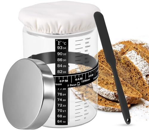 BTBHIHO Lot de 4 pots de fermentation au levain - 1200 ml - Verre de fermentation au levain avec graduation, bouteille de fermentation, mélangeur et housse en tissu - Pour pain, dessert et levain