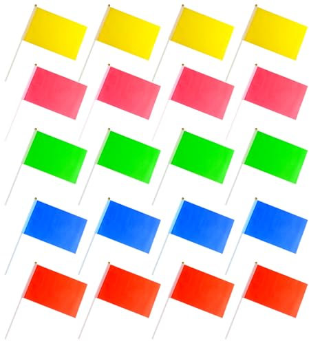 ​​Lot de 20 mini drapeaux sur bâtons - Petits drapeaux tenus à la main - Blancs - Petit drapeau coloré - Pour événements sportifs, célébrations et fêtes (rouge, jaune, bleu, vert, rose)