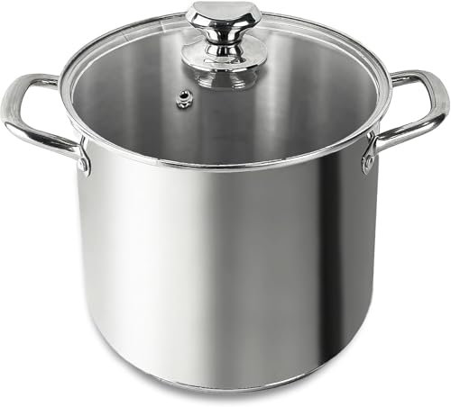 Large Stainless Steel Stock Pot with Lid – 24cm 5L & 8L Induction Soup Pot, Big Cooking Pot for Stews, Biryani & Pasta – Large Cooking Pot with Glass Lid – Dishwasher Safe & Oven Safe (8 Litre)