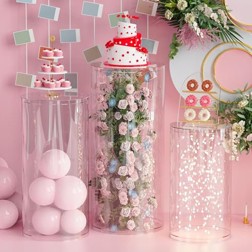 Zócalos cilíndricos acrílicos para decoración de bodas, 3 piezas, pedestal transparente para tartas y postres, exhibición para flores y globos, centros de mesa de fiesta de eventos