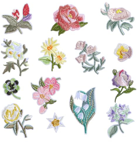 BOHUIZ 14 stycken blommor broderade lappar, lappar att stryka på strykbilder för textilier galgar lappar för gör-det-själv-kläder jackor jeans ryggsäckar hattar