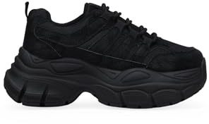 BOSANOVA Zapatillas Deportivas para Mujer con Rejilla y Suela abultada de Plataforma de 6 cm. Cierre con Cordones Estilo Trekking. Calzado para Mujer Negro 36