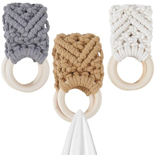 CREATCABIN 3Pcs 3Colors Handmade Crochet Towel Holder Ring Knit Towel Hanger with Wood Ring Towel Hanging Loop Ring Boho Macrame Kitchen Dish Towel Holders for Cabinet Bathroom Decorative 2x10Inch