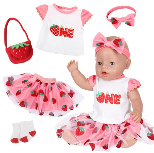 Doll Clothes for 35–43 cm Newborn Baby Dolls Cute, Fresh Strawberry-Themed Outfit for 14–18Inch Dolls: Short-Sleeve Top Tulle Skirt Headband Socks Strawberry Bag 43 cm Doll Accessories Gifts for Kids