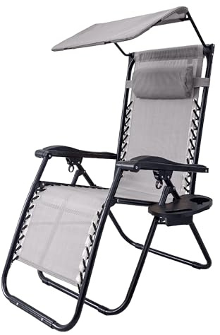 Sedia Sdraio 0 Gravità Pieghevole Professionale con Tettuccio Parasole e Poggiapiedi in Acciaio e Textilene – Reclinabile con Cuscino e Porta Bevande, Ideale per Giardino, Piscina e Campeggio - Grigio