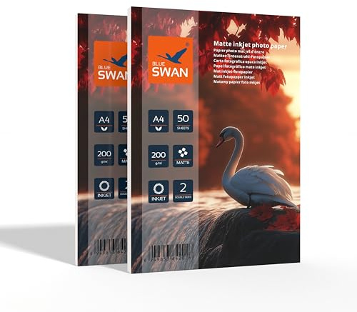 BLUE SWAN Carta Fotografica Opaca A4, 200 g/m², 100 Fogli (2×50) – Rivestimento Opaco Fronte/Retro, Alta Luminosità dei Colori, Bassa Riflettività, Asciugatura Rapida, Compatibile con Stampanti Inkjet
