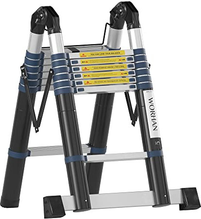 WORHAN 4.4m Escalera Doble Telescopica Pro Multiuso Multifuncional Plegable Tijera Aluminio Anodizado Nueva Generación Calidad Alta 440cm K4.4C
