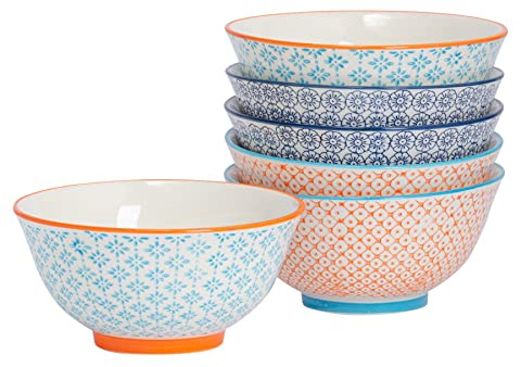 Nicola Spring Patterned Cereal Bowls - 3 Colours - 16cm - Pack of 6 - Hand Printed Japanese Style Porcelain Serving Bowls for Dessert, Pasta, Cereal, Salad, Noodles, Soup