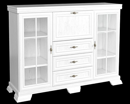 Kommode Kora KK6 highboard Anrichte Barschrank Barkommode mit 1 Klapptür, 2 Drehtüren und 3 Schubkasten (Andersen Kiefer)