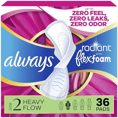 Always Radiant Feminine Pads for Women, Flexfoam Pads with Wings, Size 2, Heavy Absorbency, Lightly Scented, 36 Count