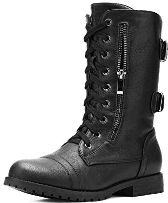 DREAM PAIRS Women's Combat Boots, Mid Calf Built-in Wallet Pocket Lace up Military Ankle Booties,Size 9,Classic Black,TERRAN