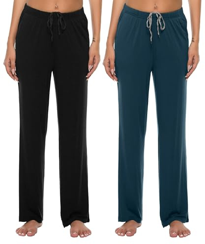 JINSHI Pyjamas för kvinnor, ultramjuka bekväma nattkläder, loungebyxor, pyjamasbyxor med fickor, 2-pack- 01, M