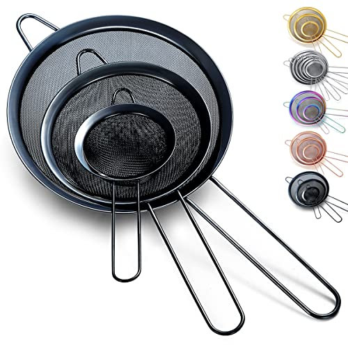 Kyraton Black Fine Mesh Strainer 3 Pieces Set, Flour Sifter for Baking, Stainless Steel Clander, Matcha Tea Strainer, Gravy Separator, Stasher Sieve Pasta Strainers