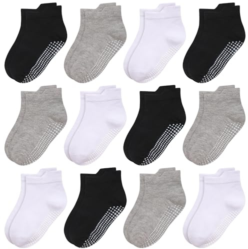 HYCLES Stoppstrumpor barn – 12 par ABS-strumpor barn baby pojkar småbarn halkfria strumpor för 0–7 år halkfria strumpor flickor, 01# svart x 4 + ljusgrå x 4 + vit x 4, 1-3 år