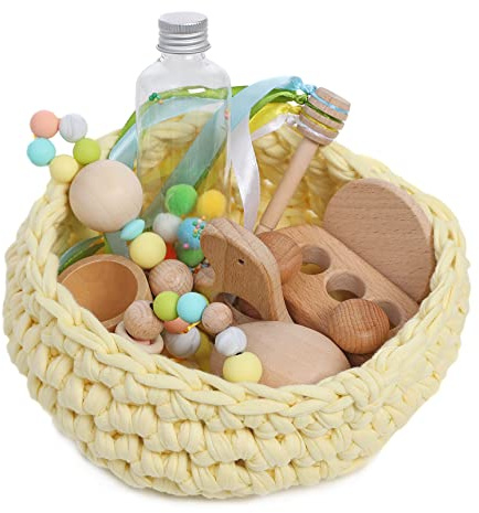 Cesto tesoros bebé. Cesto sensorial bebé. Juego estimulación sensorial Montessori para bebés entre 4 y 18 meses. ¡Más que un juego para el aprendizaje de tu bebé! COLOR AMARILLO